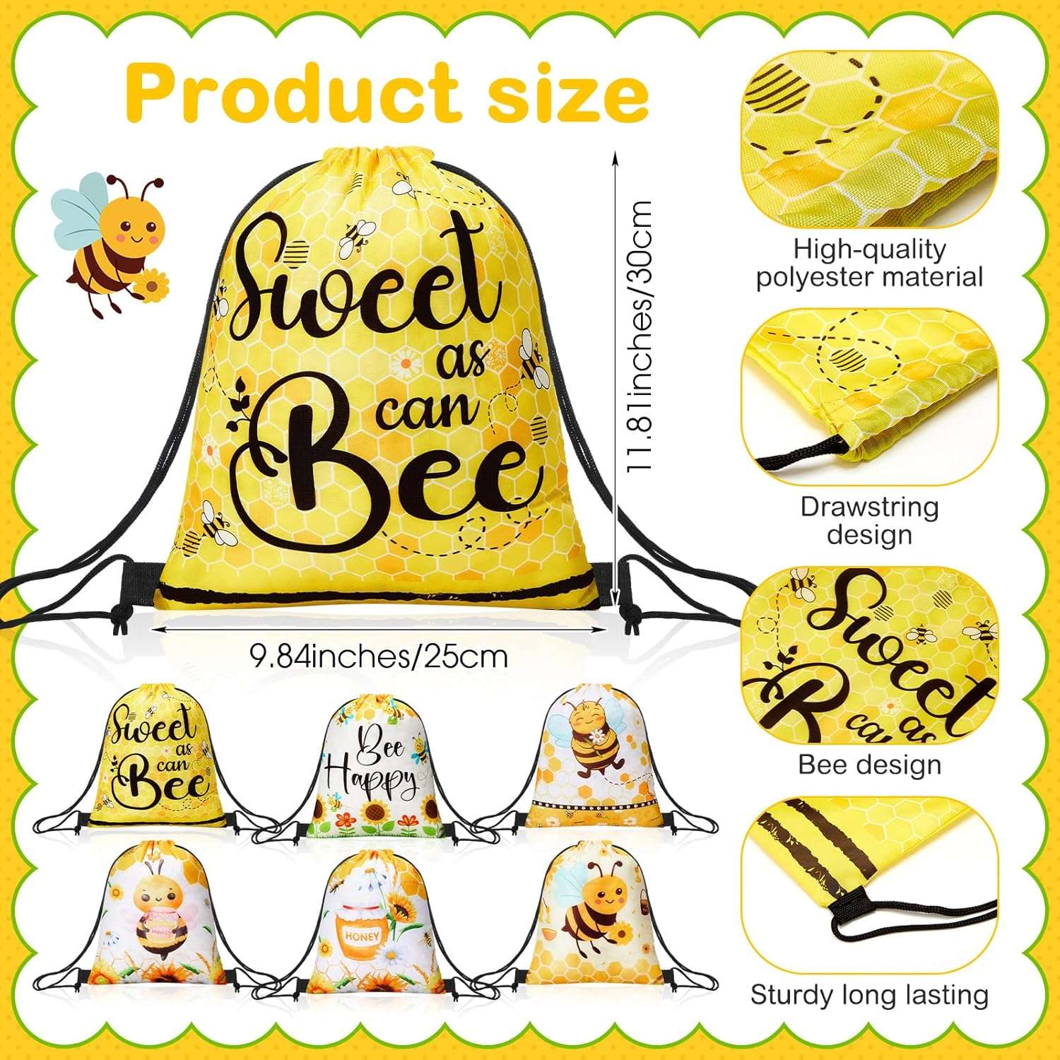Yeyeplum 24 Pcs Honey Bee Party Favor Bags Bee Themed Drawstring Bags Bee Gift Bag Goodie Candy Sport Sack Gym Cloth Backpack for Animal Party Birthday Baby Shower Party Supplies - 2