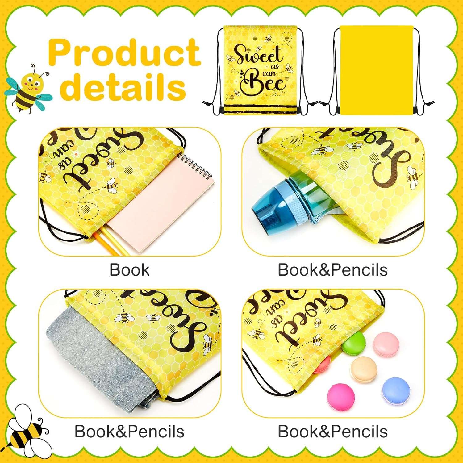 Yeyeplum 24 Pcs Honey Bee Party Favor Bags Bee Themed Drawstring Bags Bee Gift Bag Goodie Candy Sport Sack Gym Cloth Backpack for Animal Party Birthday Baby Shower Party Supplies - 3