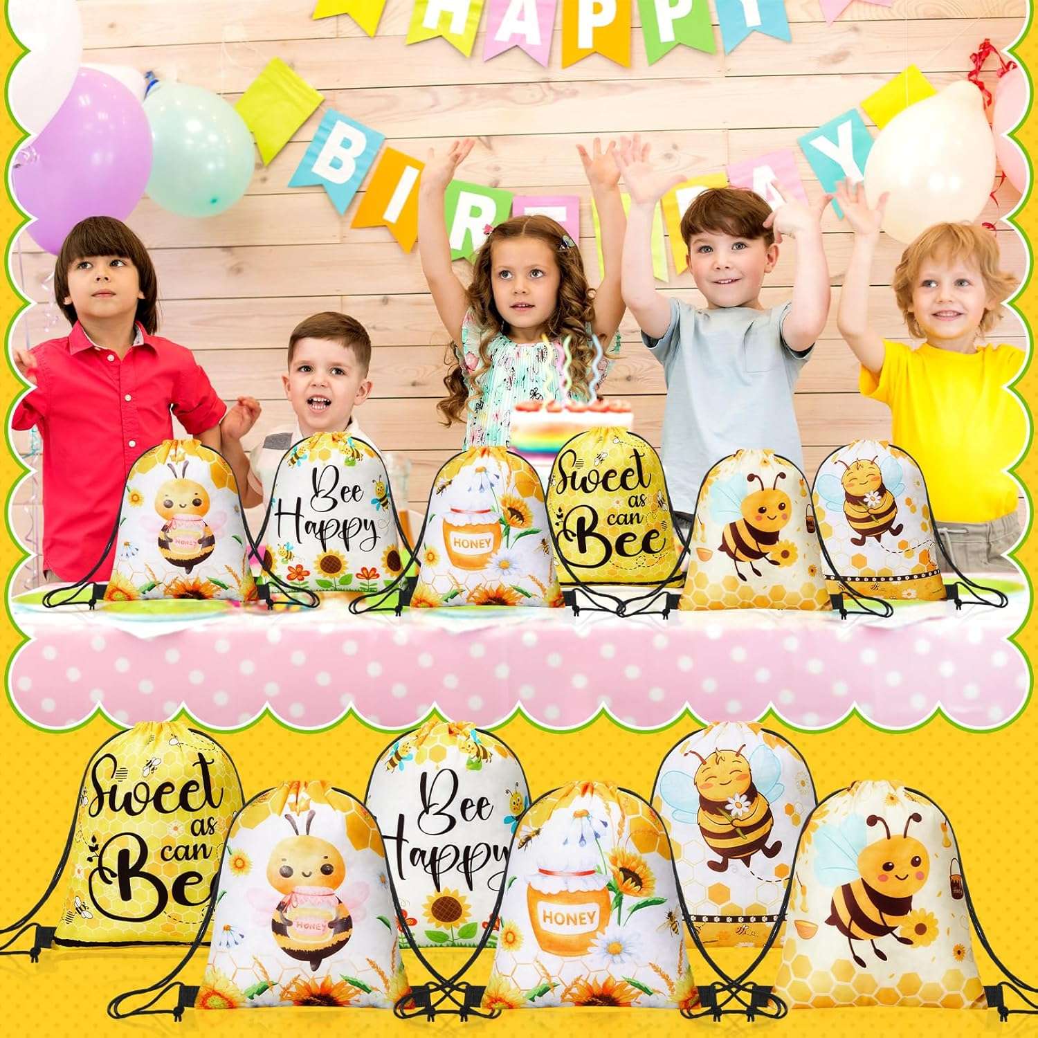 Yeyeplum 24 Pcs Honey Bee Party Favor Bags Bee Themed Drawstring Bags Bee Gift Bag Goodie Candy Sport Sack Gym Cloth Backpack for Animal Party Birthday Baby Shower Party Supplies - 4