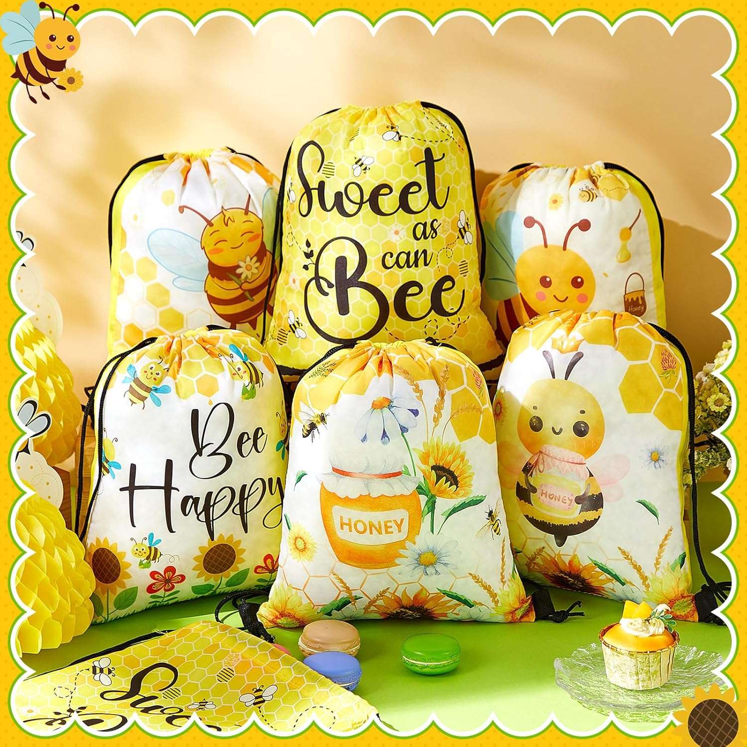 Yeyeplum 24 Pcs Honey Bee Party Favor Bags Bee Themed Drawstring Bags Bee Gift Bag Goodie Candy Sport Sack Gym Cloth Backpack for Animal Party Birthday Baby Shower Party Supplies - 5