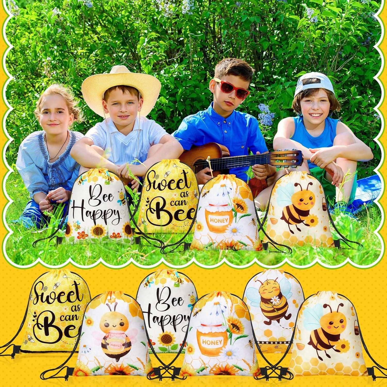 Yeyeplum 24 Pcs Honey Bee Party Favor Bags Bee Themed Drawstring Bags Bee Gift Bag Goodie Candy Sport Sack Gym Cloth Backpack for Animal Party Birthday Baby Shower Party Supplies - 6