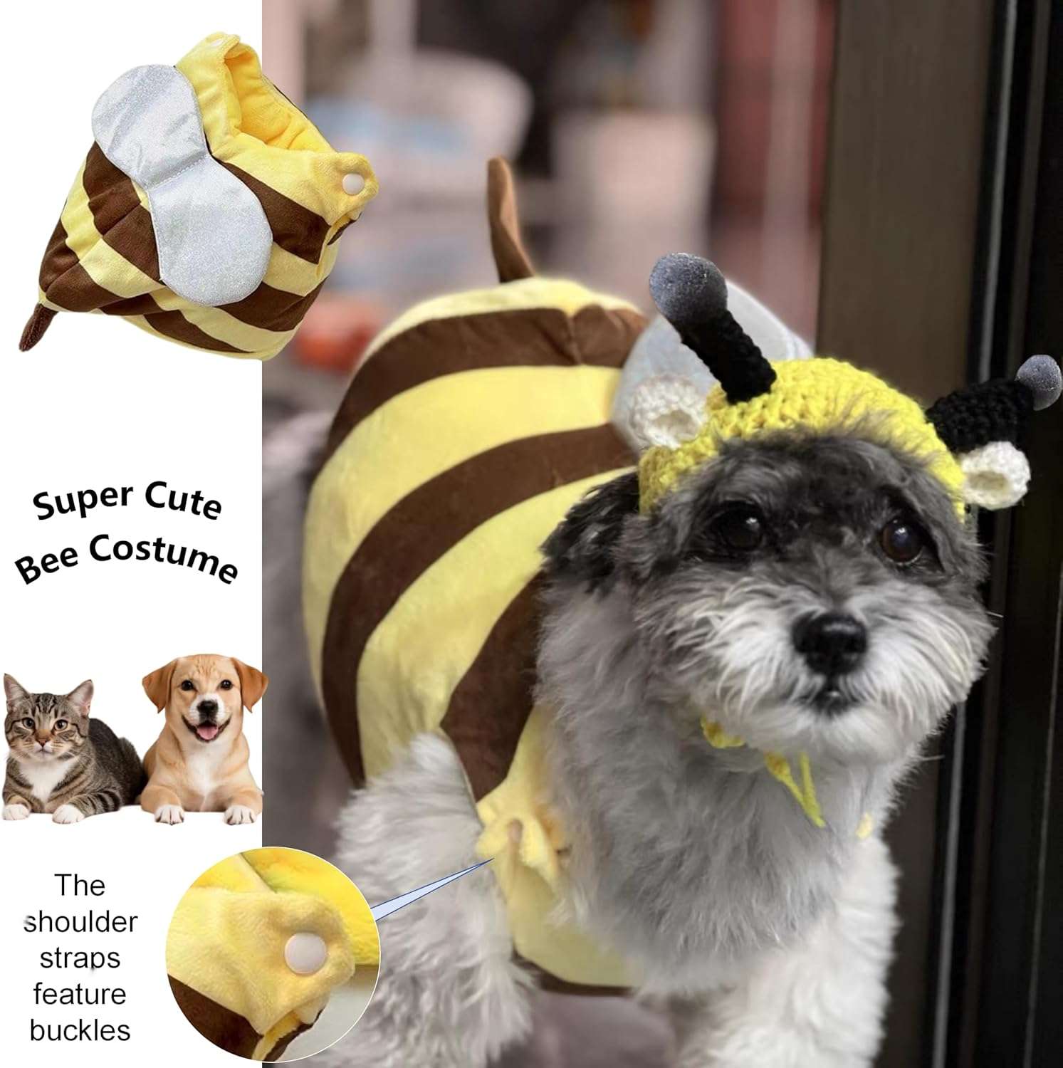 Cute Dog Costume Onesie Bumble Bee Pet Clothes Halloween Shirt Hoodie for Puppy Cat with Fun Wings & Surprise Antenna Hat - 3