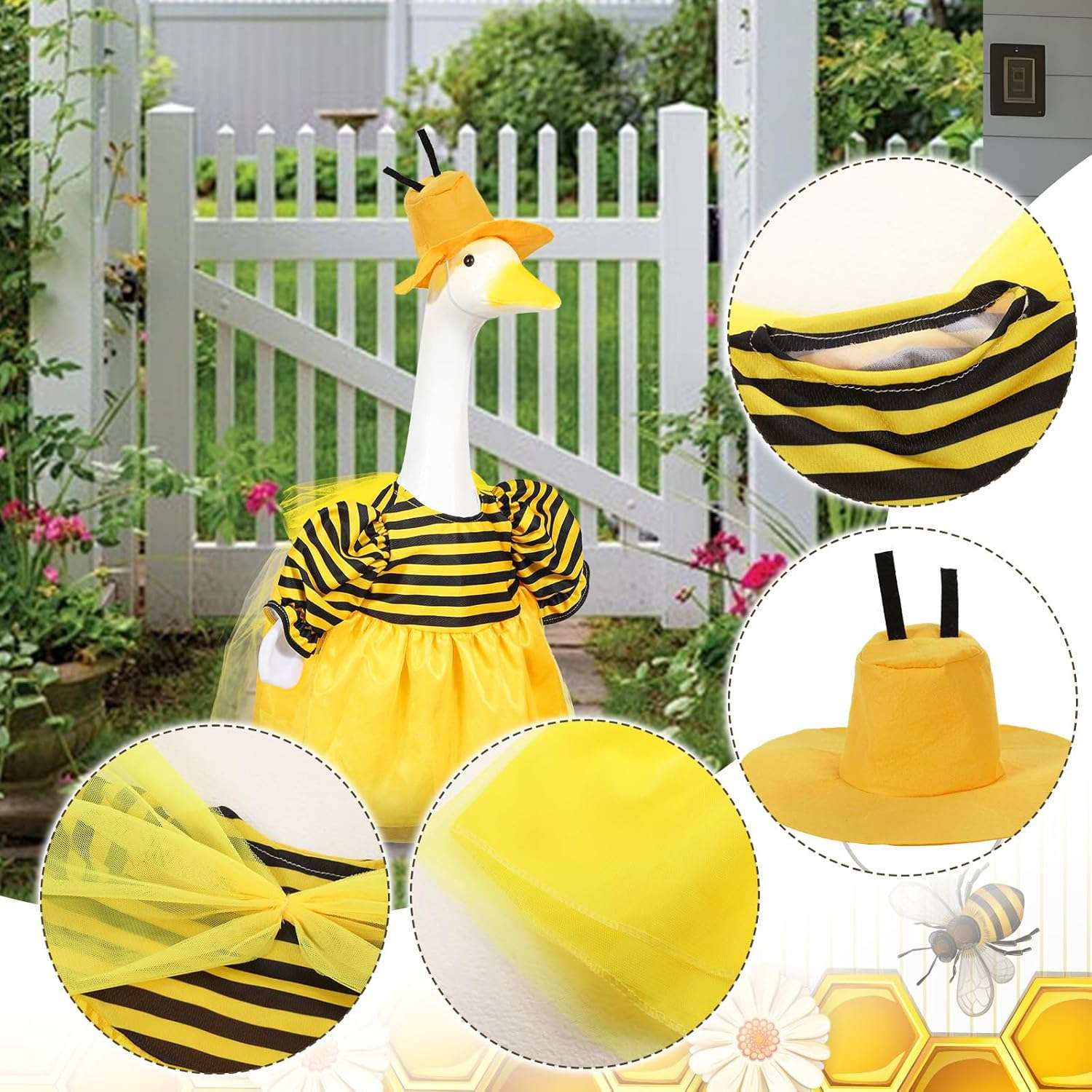 Porch Goose Outfits, Summer Geese Bee Clothes with Hat for 23'' Garden Goose Statues Cute Costume Outdoor Patio Lawn Art Decoration - 5