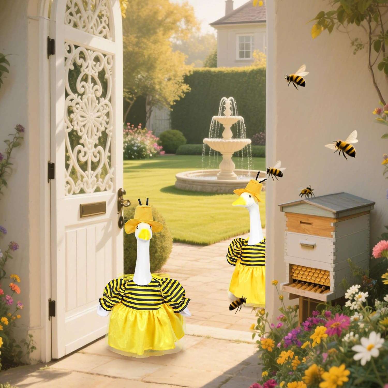 Porch Goose Outfits, Summer Geese Bee Clothes with Hat for 23'' Garden Goose Statues Cute Costume Outdoor Patio Lawn Art Decoration - 6