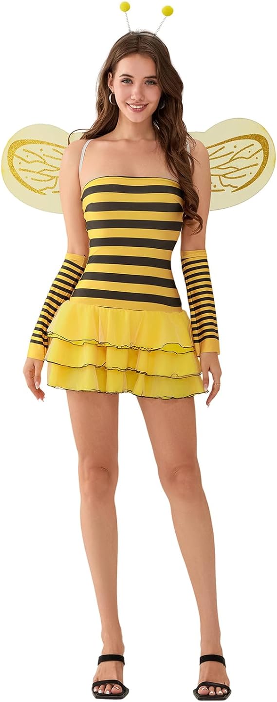 Halloween Costumes For Women Adult Bee Queen Cosplay Costume Party Dress Wings Headband Arm Sleeve Fancy Clothes Set - 1