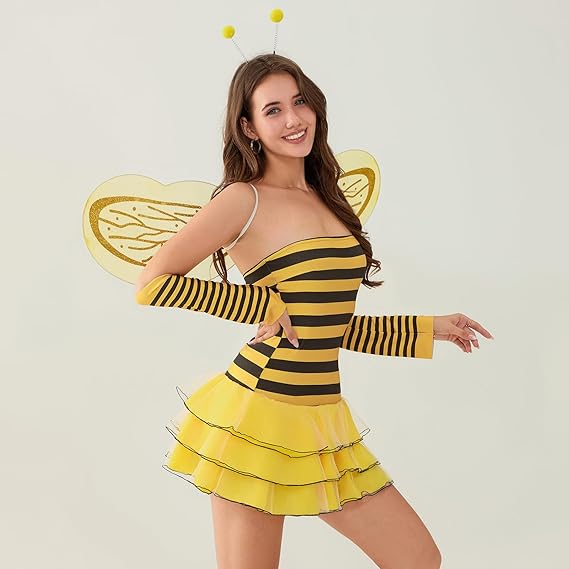 Halloween Costumes For Women Adult Bee Queen Cosplay Costume Party Dress Wings Headband Arm Sleeve Fancy Clothes Set - 2