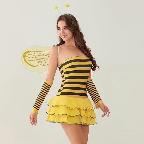 Halloween Costumes For Women Adult Bee Queen Cosplay Costume Party Dress Wings Headband Arm Sleeve Fancy Clothes Set - 3