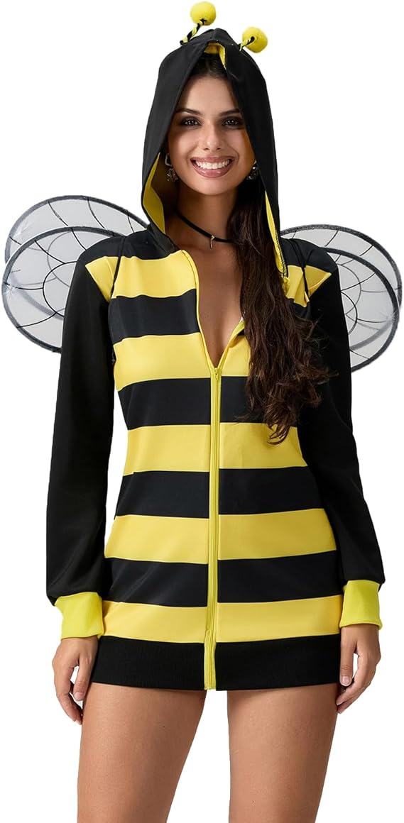 IMISSILLEB Women Bee Costume Long Sleeve Zip Up Tunic Hooded Dress + Wings Adults 2024 Plus Size Halloween Cosplay Outfits - 1