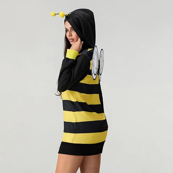 IMISSILLEB Women Bee Costume Long Sleeve Zip Up Tunic Hooded Dress + Wings Adults 2024 Plus Size Halloween Cosplay Outfits - 2