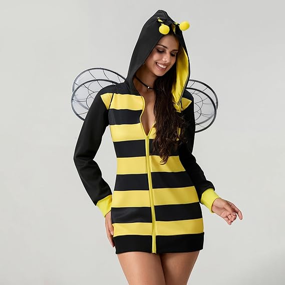 IMISSILLEB Women Bee Costume Long Sleeve Zip Up Tunic Hooded Dress + Wings Adults 2024 Plus Size Halloween Cosplay Outfits - 3