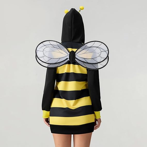 IMISSILLEB Women Bee Costume Long Sleeve Zip Up Tunic Hooded Dress + Wings Adults 2024 Plus Size Halloween Cosplay Outfits - 4