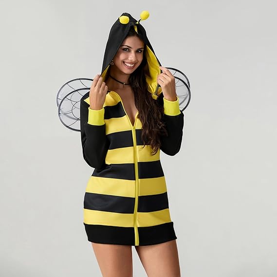 IMISSILLEB Women Bee Costume Long Sleeve Zip Up Tunic Hooded Dress + Wings Adults 2024 Plus Size Halloween Cosplay Outfits - 5