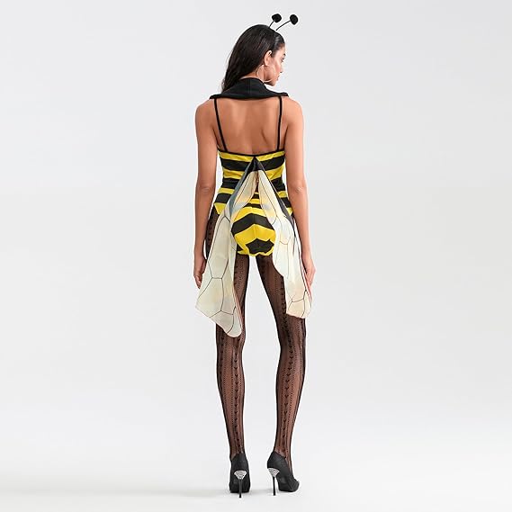 Women Halloween Bee Costume Classic Striped Bee Bodysuit Collar Wings Set for Cosplay Role Playing Party - 5