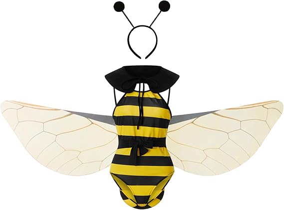 Women Halloween Bee Costume Classic Striped Bee Bodysuit Collar Wings Set for Cosplay Role Playing Party - 6