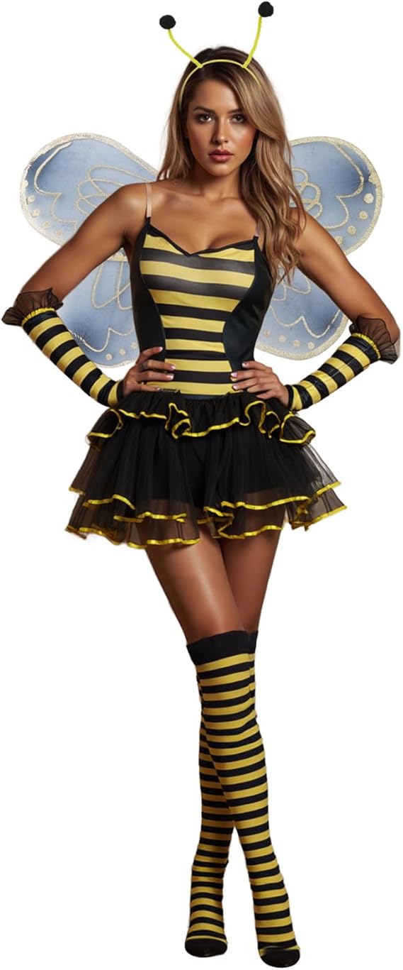 Women Halloween Bee Costume Set Sleeveless Cami Bodysuit with Cute Headband and Mesh Wing Themed Dress Up - 1