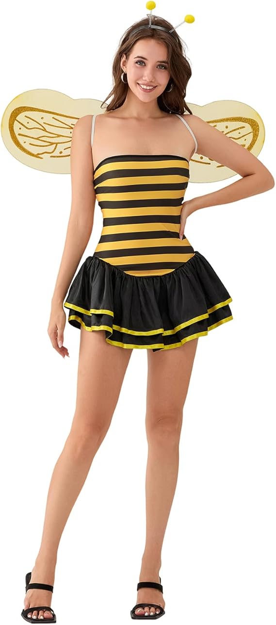 Women's Halloween Bee Costume Cute Striped Strapless Mini Dress with Wings Bumble Bee Costume for for Themed Party - 1