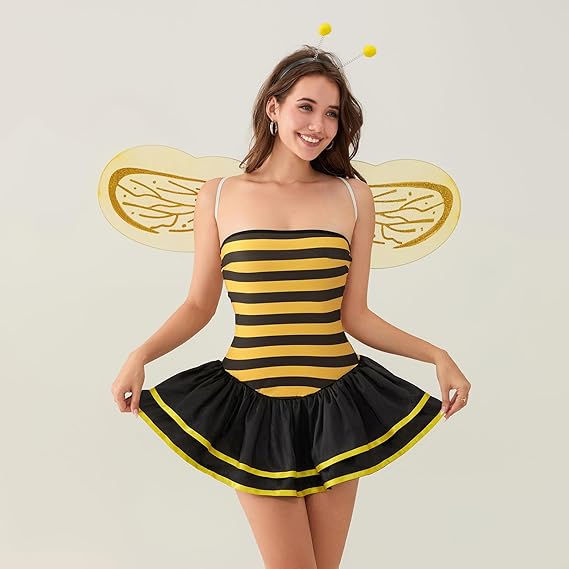Women's Halloween Bee Costume Cute Striped Strapless Mini Dress with Wings Bumble Bee Costume for for Themed Party - 3
