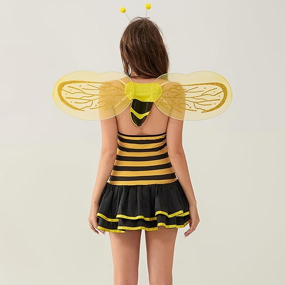Women's Halloween Bee Costume Cute Striped Strapless Mini Dress with Wings Bumble Bee Costume for for Themed Party - 6