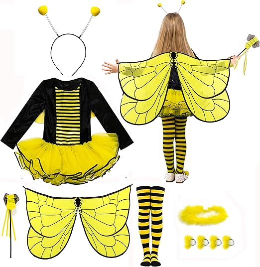 IKALI Kids Bee Costume With Wings Accessories, Girls Toddler Halloween Party Dress Up 3-4T, Yellow - 1