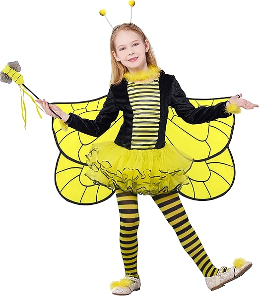 IKALI Kids Bee Costume With Wings Accessories, Girls Toddler Halloween Party Dress Up 3-4T, Yellow - 2