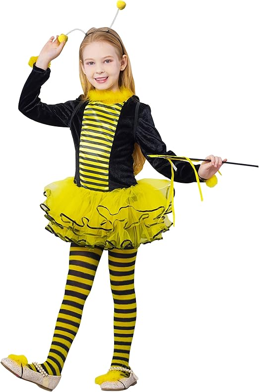 IKALI Kids Bee Costume With Wings Accessories, Girls Toddler Halloween Party Dress Up 3-4T, Yellow - 6