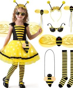 Latocos 8pcs Bee Costume Kids Toddler Light Up Bumblebee Tutu Dress Bee Wings Bag Socks Halloween Dress Up Gift - 1