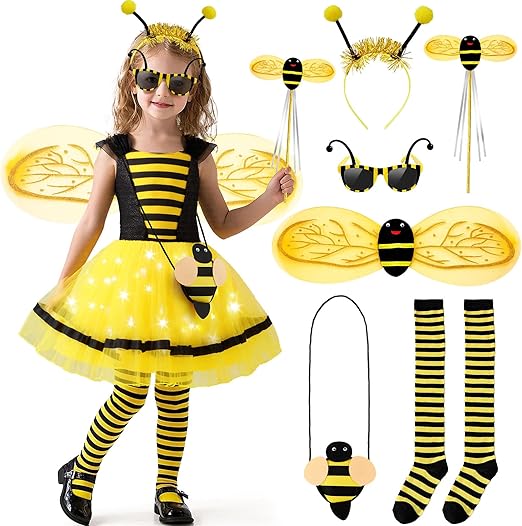 Latocos 8pcs Bee Costume Kids Toddler Light Up Bumblebee Tutu Dress Bee Wings Bag Socks Halloween Dress Up Gift - 1