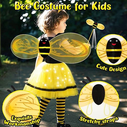 Latocos 8pcs Bee Costume Kids Toddler Light Up Bumblebee Tutu Dress Bee Wings Bag Socks Halloween Dress Up Gift - 2