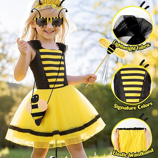 Latocos 8pcs Bee Costume Kids Toddler Light Up Bumblebee Tutu Dress Bee Wings Bag Socks Halloween Dress Up Gift - 3