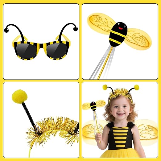 Latocos 8pcs Bee Costume Kids Toddler Light Up Bumblebee Tutu Dress Bee Wings Bag Socks Halloween Dress Up Gift - 4