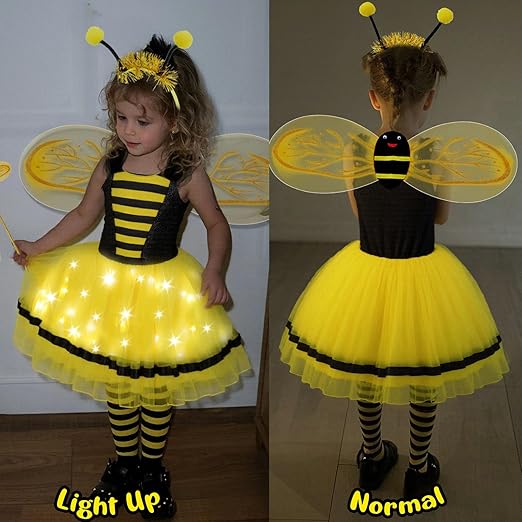 Latocos 8pcs Bee Costume Kids Toddler Light Up Bumblebee Tutu Dress Bee Wings Bag Socks Halloween Dress Up Gift - 5