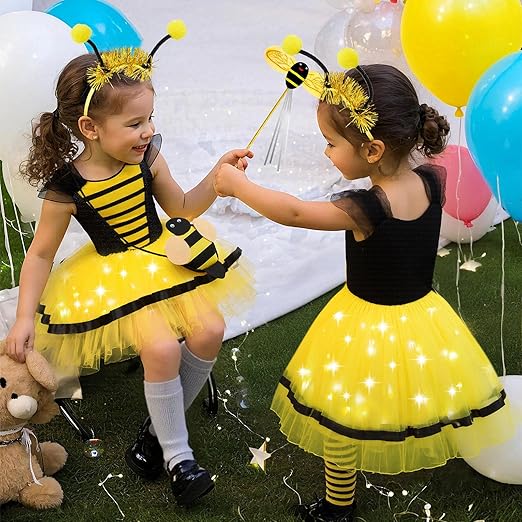 Latocos 8pcs Bee Costume Kids Toddler Light Up Bumblebee Tutu Dress Bee Wings Bag Socks Halloween Dress Up Gift - 6