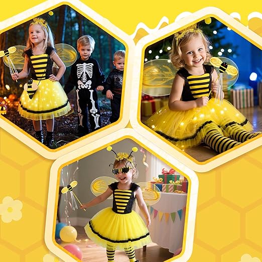 Latocos 8pcs Bee Costume Kids Toddler Light Up Bumblebee Tutu Dress Bee Wings Bag Socks Halloween Dress Up Gift - 7