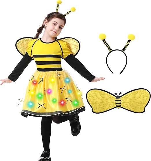 Resiwai Girls Light up Butterfly Costume, Kids Bumble Bee Costume, Toddlers Ladybug Dress Costume, Halloween Outfit for 4-12Y - 1