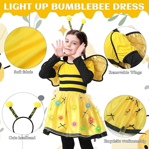 Resiwai Girls Light up Butterfly Costume, Kids Bumble Bee Costume, Toddlers Ladybug Dress Costume, Halloween Outfit for 4-12Y - 2
