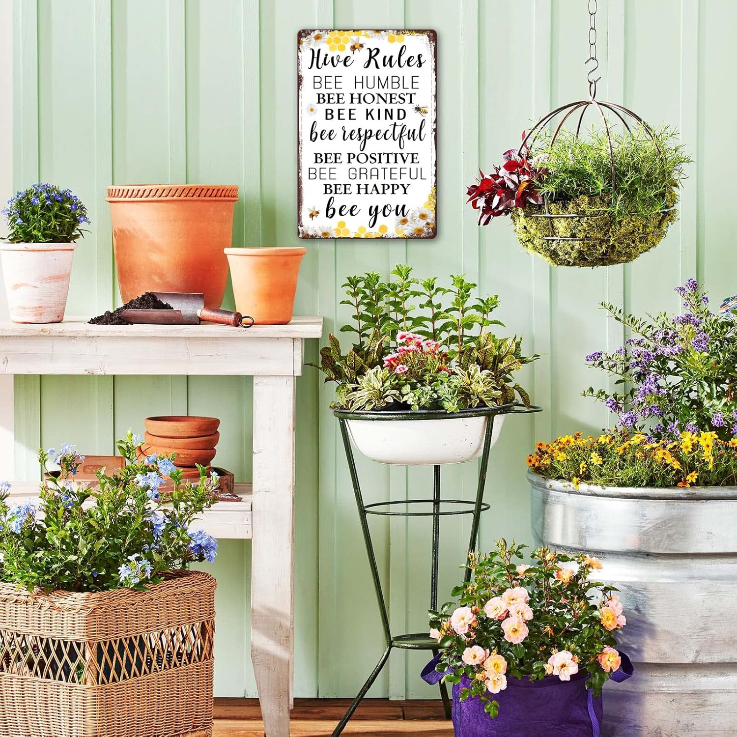 Bee Hive Rules Sign, 12 x 8 Inch, Metal, Decorative Sign, Beekeeping, Wall Mount, Yellow, Brown - 3