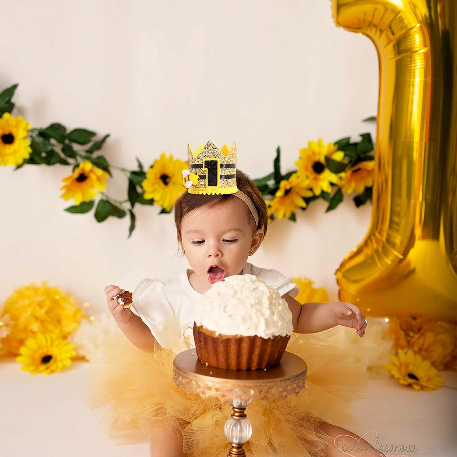 Little Bee 1st Birthday High Chair Decor - Smash Cake Banner, Sweet Party Decorations, Bee Day Theme with Hat - 6