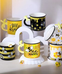 6 Pcs Bee Mini Coffee Mugs Spring Summer Kitchen Decor Bee Gifts for Women Farmhouse Summer Tiered Tray Decor Rustic Yellow Black Mini Cups with Ribbon for Home Desk Table Centerpiece - 2