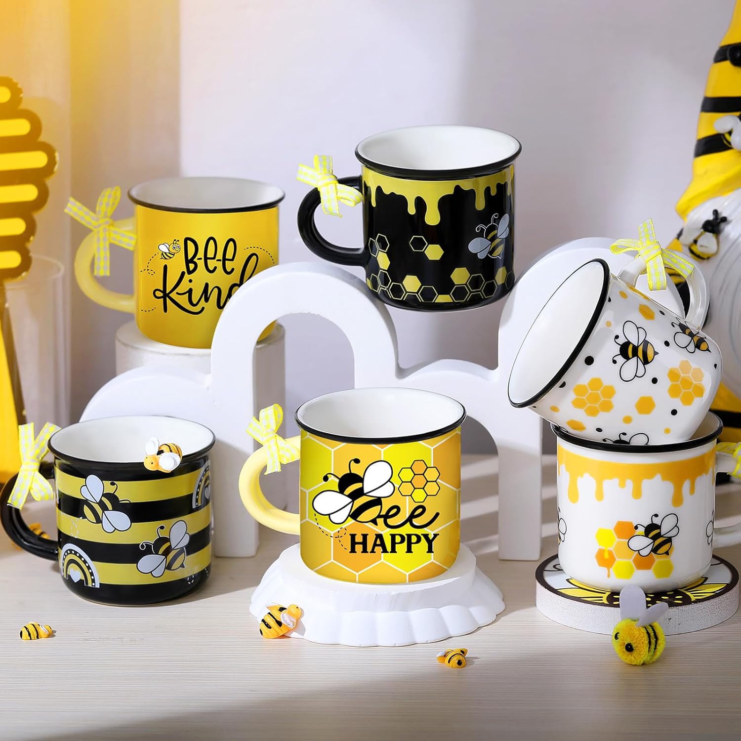 6 Pcs Bee Mini Coffee Mugs Spring Summer Kitchen Decor Bee Gifts for Women Farmhouse Summer Tiered Tray Decor Rustic Yellow Black Mini Cups with Ribbon for Home Desk Table Centerpiece - 2
