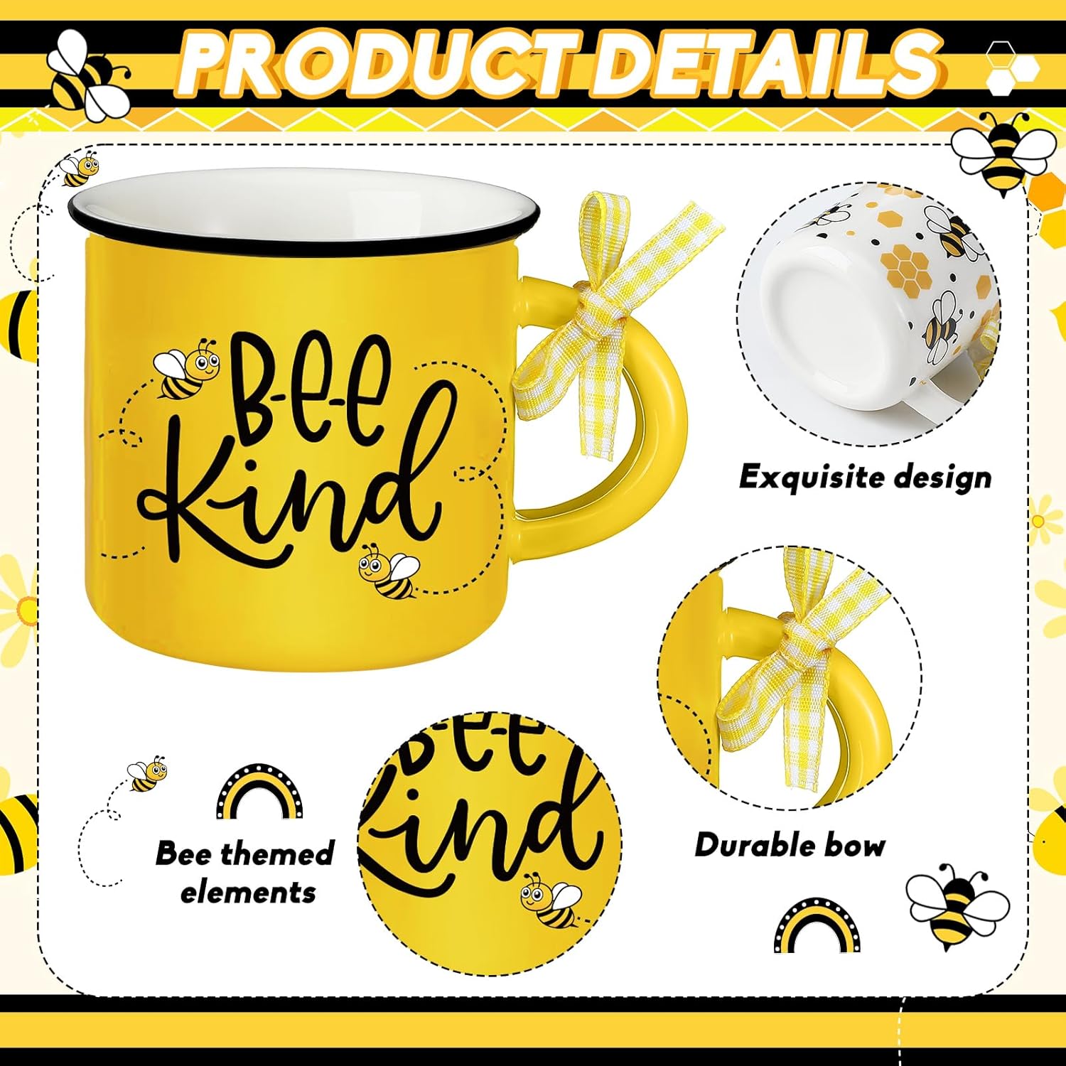 6 Pcs Bee Mini Coffee Mugs Spring Summer Kitchen Decor Bee Gifts for Women Farmhouse Summer Tiered Tray Decor Rustic Yellow Black Mini Cups with Ribbon for Home Desk Table Centerpiece - 3