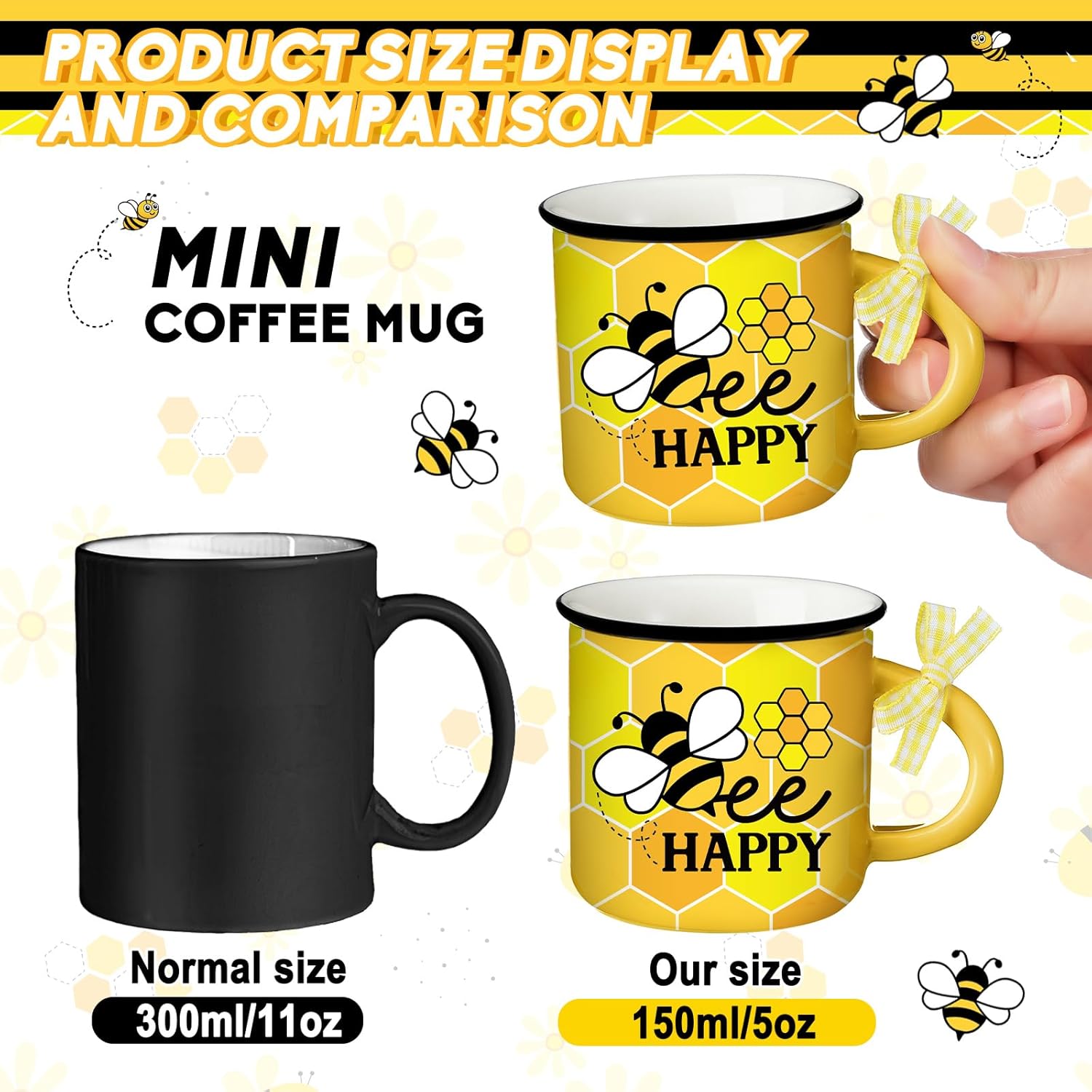 6 Pcs Bee Mini Coffee Mugs Spring Summer Kitchen Decor Bee Gifts for Women Farmhouse Summer Tiered Tray Decor Rustic Yellow Black Mini Cups with Ribbon for Home Desk Table Centerpiece - 4