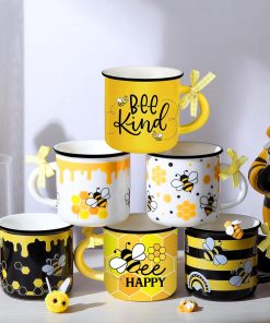 6 Pcs Bee Mini Coffee Mugs Spring Summer Kitchen Decor Bee Gifts for Women Farmhouse Summer Tiered Tray Decor Rustic Yellow Black Mini Cups with Ribbon for Home Desk Table Centerpiece - 5
