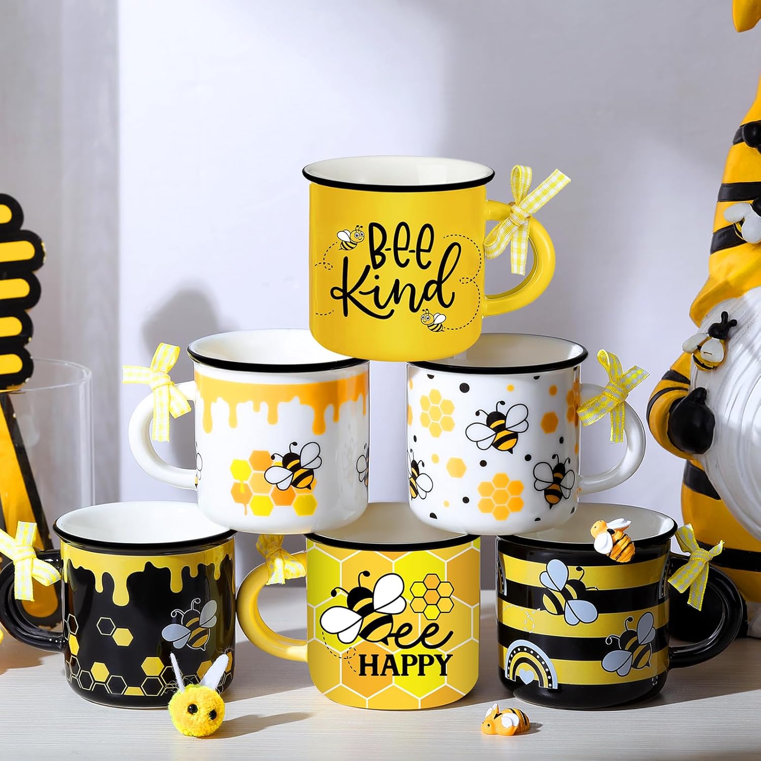 6 Pcs Bee Mini Coffee Mugs Spring Summer Kitchen Decor Bee Gifts for Women Farmhouse Summer Tiered Tray Decor Rustic Yellow Black Mini Cups with Ribbon for Home Desk Table Centerpiece - 5