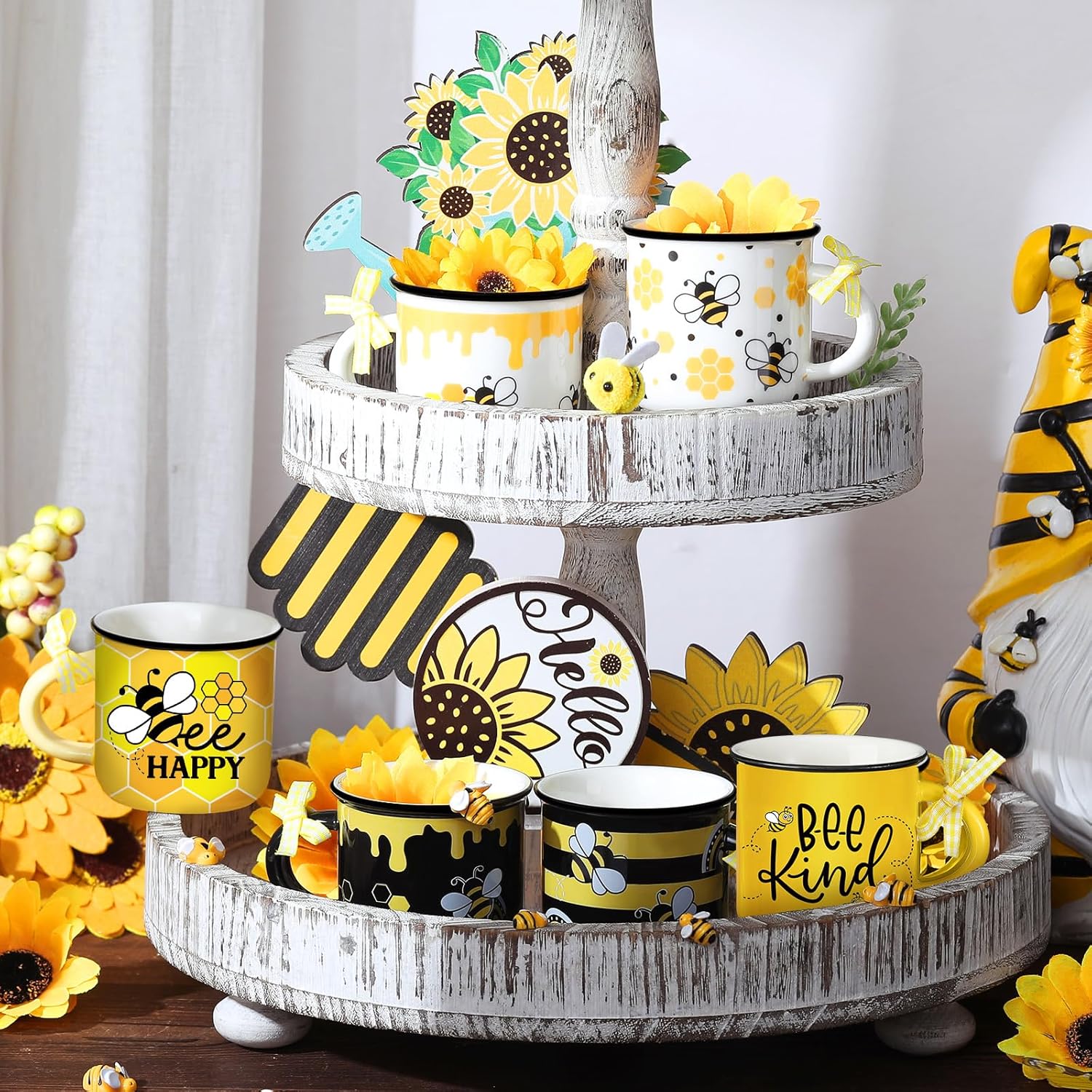 6 Pcs Bee Mini Coffee Mugs Spring Summer Kitchen Decor Bee Gifts for Women Farmhouse Summer Tiered Tray Decor Rustic Yellow Black Mini Cups with Ribbon for Home Desk Table Centerpiece - 6
