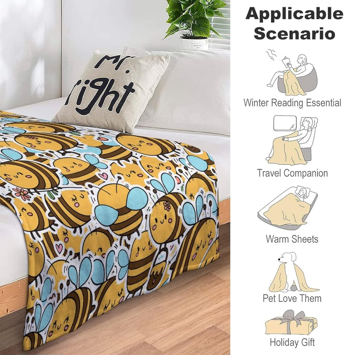 Bee Blanket Gifts for Kids, 40x50 Throw Blanket for Girls, Boys, Cozy Soft Cute Plush Flannel Throw for Couch Bed Sofa - 7