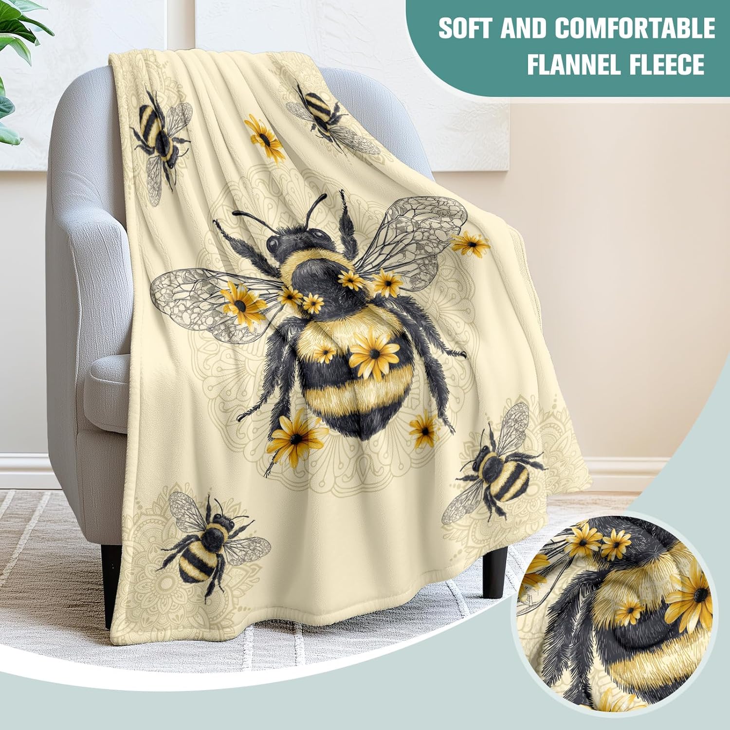 Bee Blanket for Women Kids Soft Flannel Throw Blanket Cute Bee Gifts for Mother's Day Birthday Christmas Holidays(50x60 Inch) - 2
