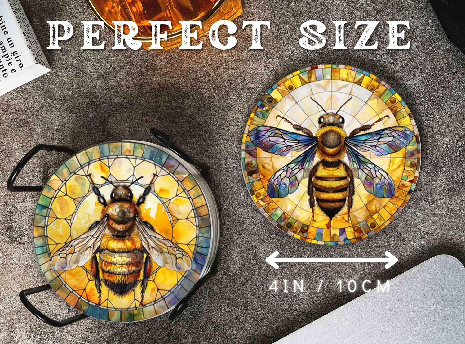 Bee Gifts Coaster, Ceramic, Set of 6, with Gift Box, Absorbent with Cork Base, Gifts for Bee Lovers, Home Decor for Housewarming, Thanksgiving, Birthday, Christmas - 3