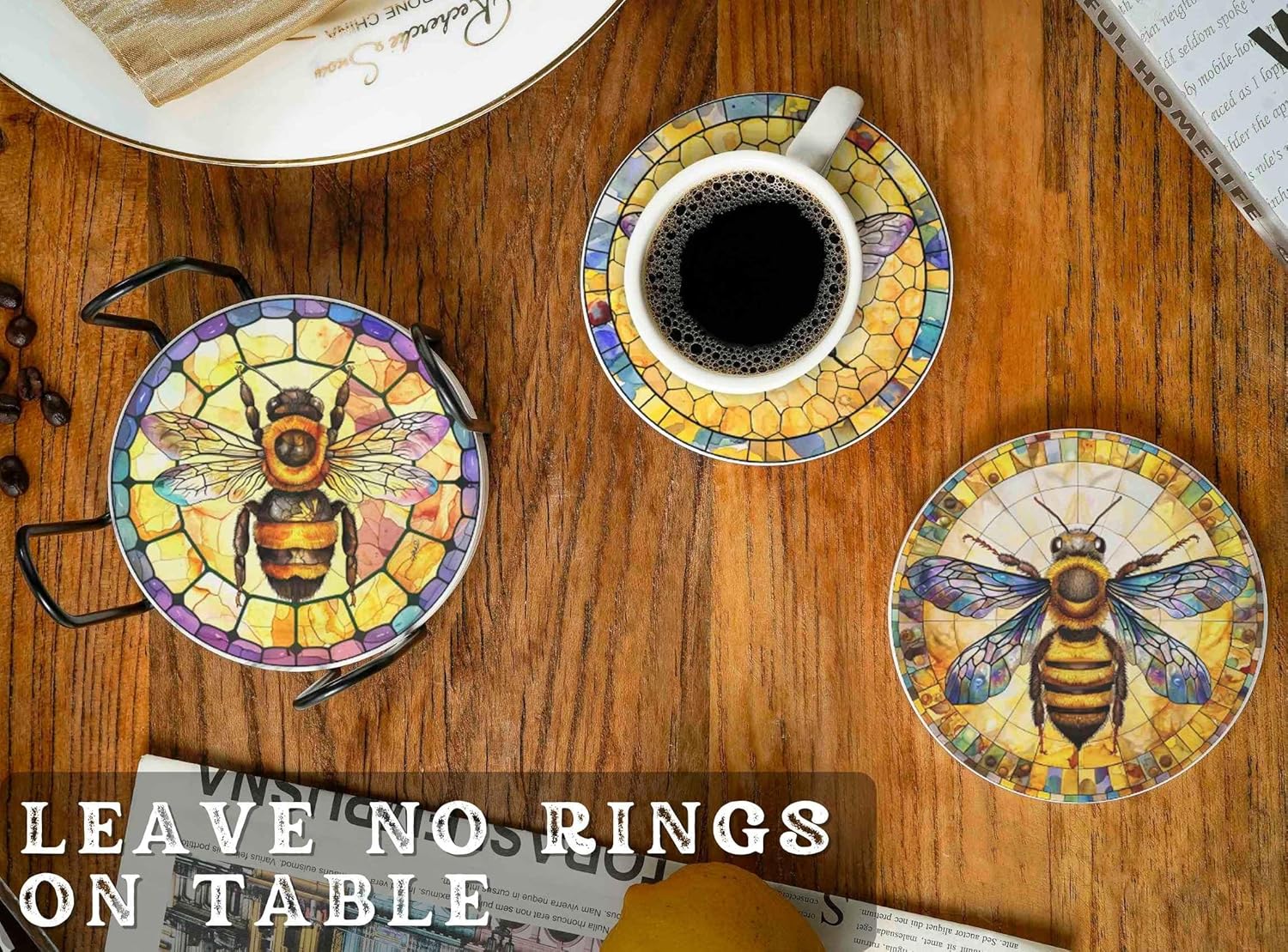 Bee Gifts Coaster, Ceramic, Set of 6, with Gift Box, Absorbent with Cork Base, Gifts for Bee Lovers, Home Decor for Housewarming, Thanksgiving, Birthday, Christmas - 4