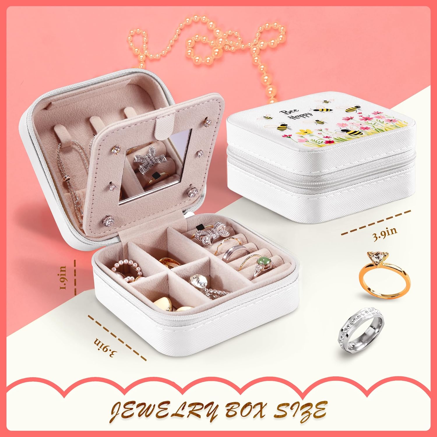 Bee Jewelry Box, Gifts For Women Teens Girls Age 8-12, Bumble Bee Lovers Themed Stuff Items Accessories Things Merchandise Decor Merch, Travel Ring Earrings Necklace Organizer Holder! - 2