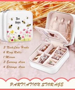 Bee Jewelry Box, Gifts For Women Teens Girls Age 8-12, Bumble Bee Lovers Themed Stuff Items Accessories Things Merchandise Decor Merch, Travel Ring Earrings Necklace Organizer Holder! - 4